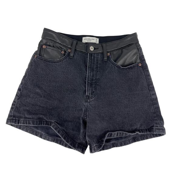 Abercrombie & Fitch The Dad Short High Rise Black Denim Faux Leather Size 6 / 28 - Picture 4 of 7
